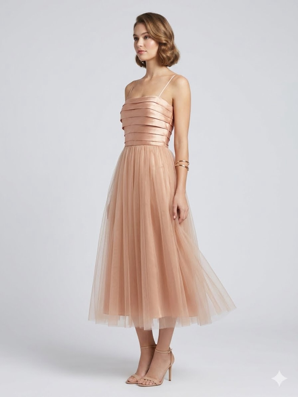 BCBGMaxAzria Blush Layered Satin and Tulle Midi Dress